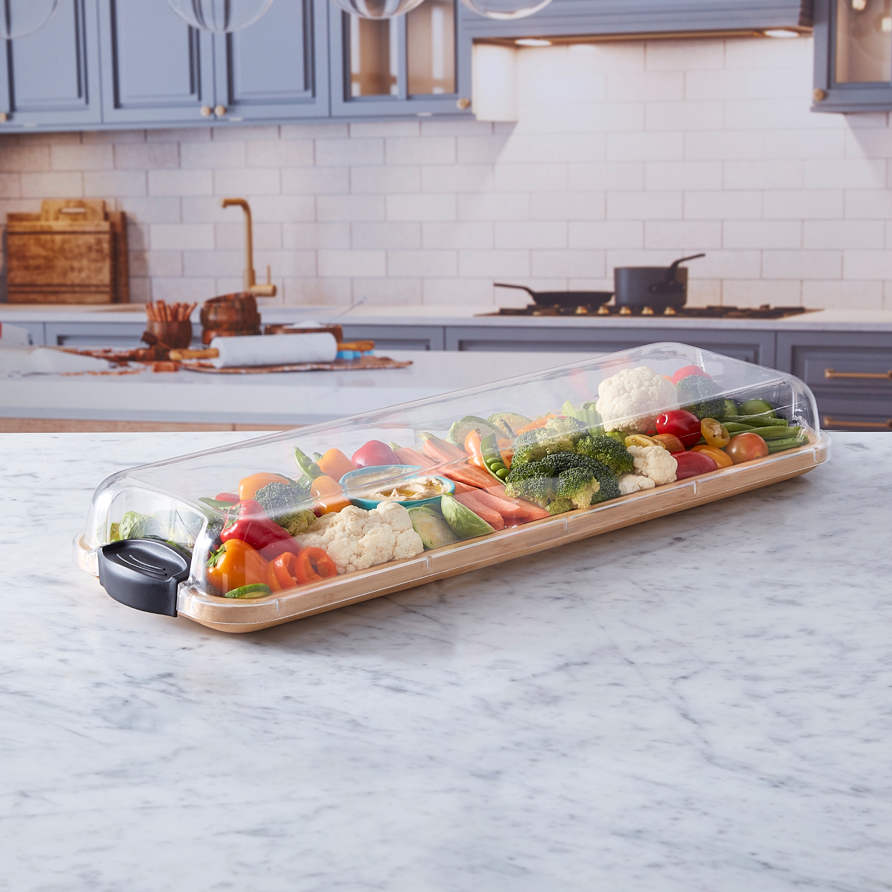 Farberware Build-a-Board 7x22-Inch Rectangular Bamboo Cutting Board with Clear Locking Lid