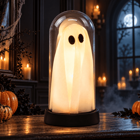 Kabuer Lighted Ghost Glass Cloche 8.3 Inch, LED Ghost Globe Table Decor for Halloween Indoor Fireplace Party Centerpiece