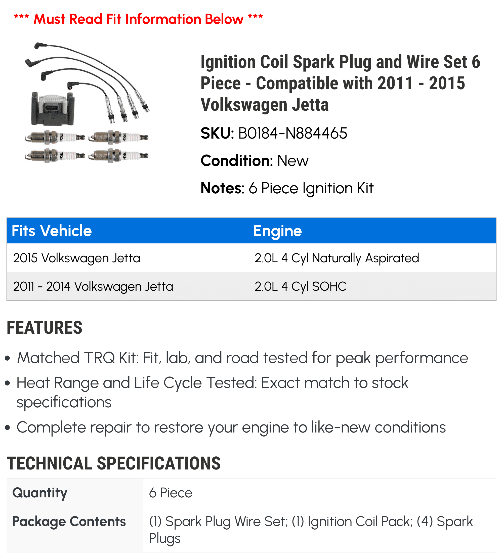 Ignition Coil Spark Plug and Wire Set 6 Piece - Compatible with 2011 - 2015 Volkswagen Jetta 2012 2013 2014