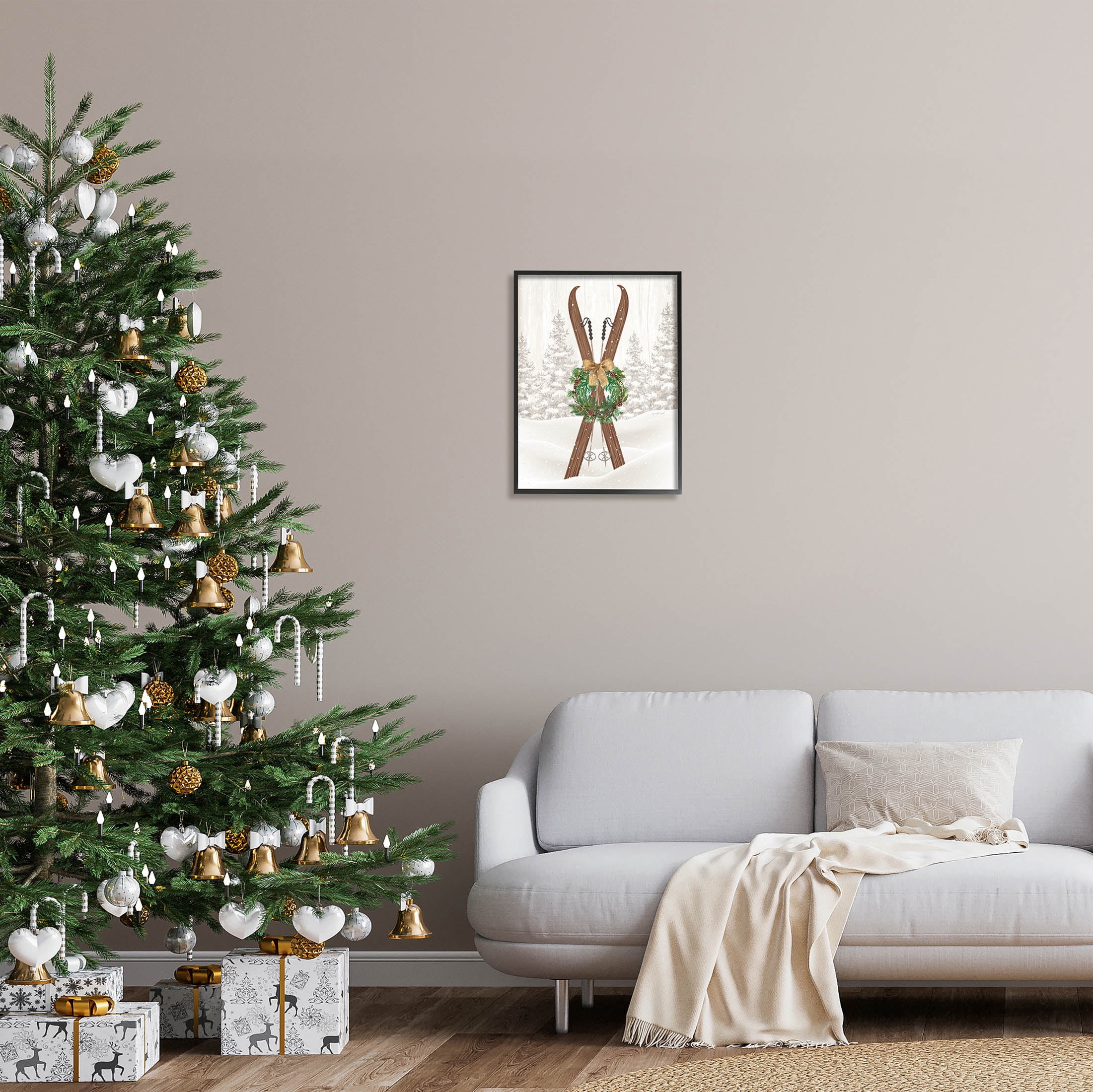 Stupell Industries Winter Skis Holiday Wreath Graphic Art Black Framed Art Print Wall Art, Design by Jennifer Pugh
