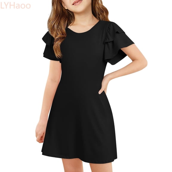 LYHaoo Kids Fashion Solid Round Neck Short Sleeve Casual Comfortable Pocket Dress,Vintage Girls Dress Sizes 4-5 Years Black