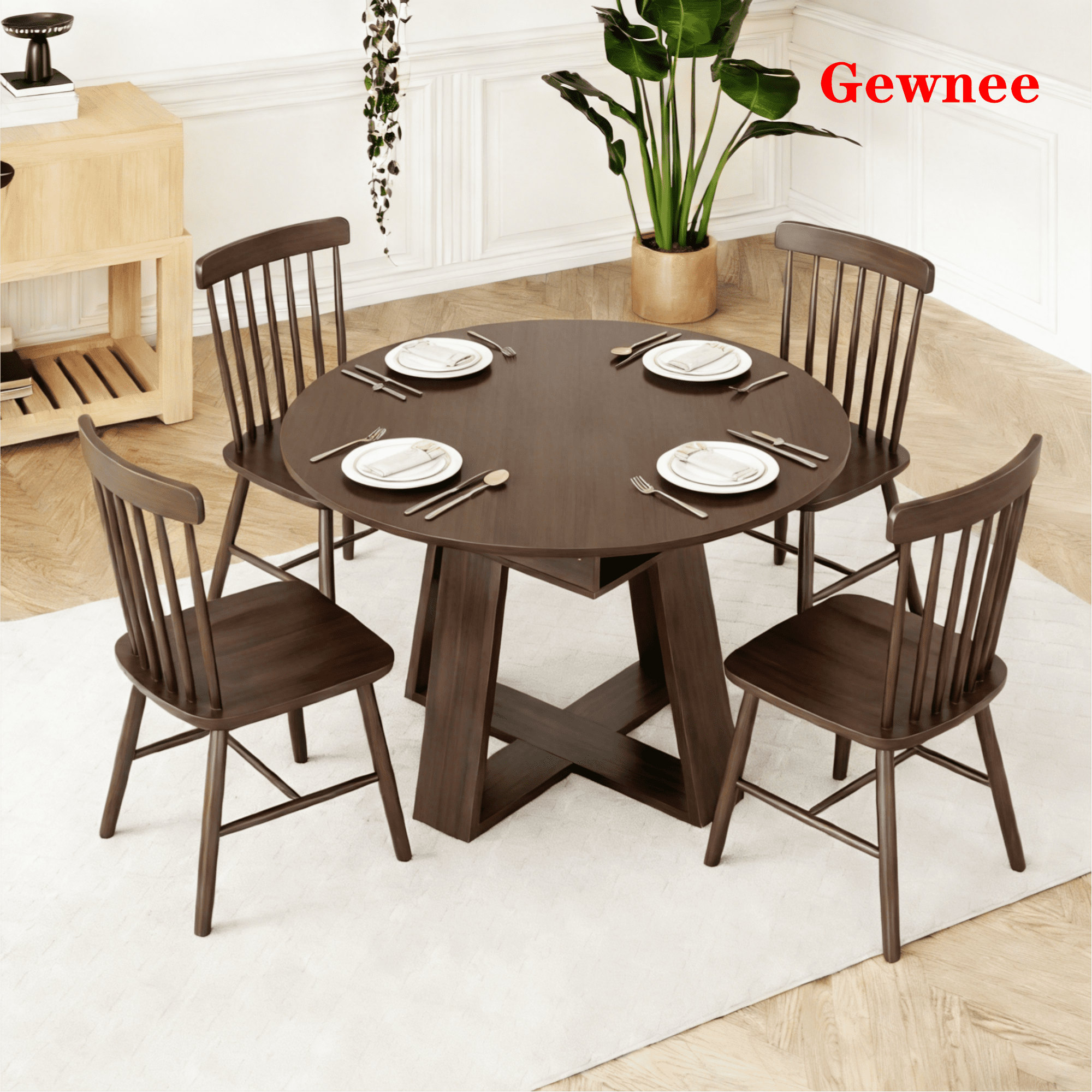 Gewnee 43.3‑59" Expandable Dining Table, MDF Construction with 2 Leaves, Cross‑Shaped Base & Open Storage Shelf, Seats 4‑6, Space‑Saving for Kitchen & Small Spaces, Walnut