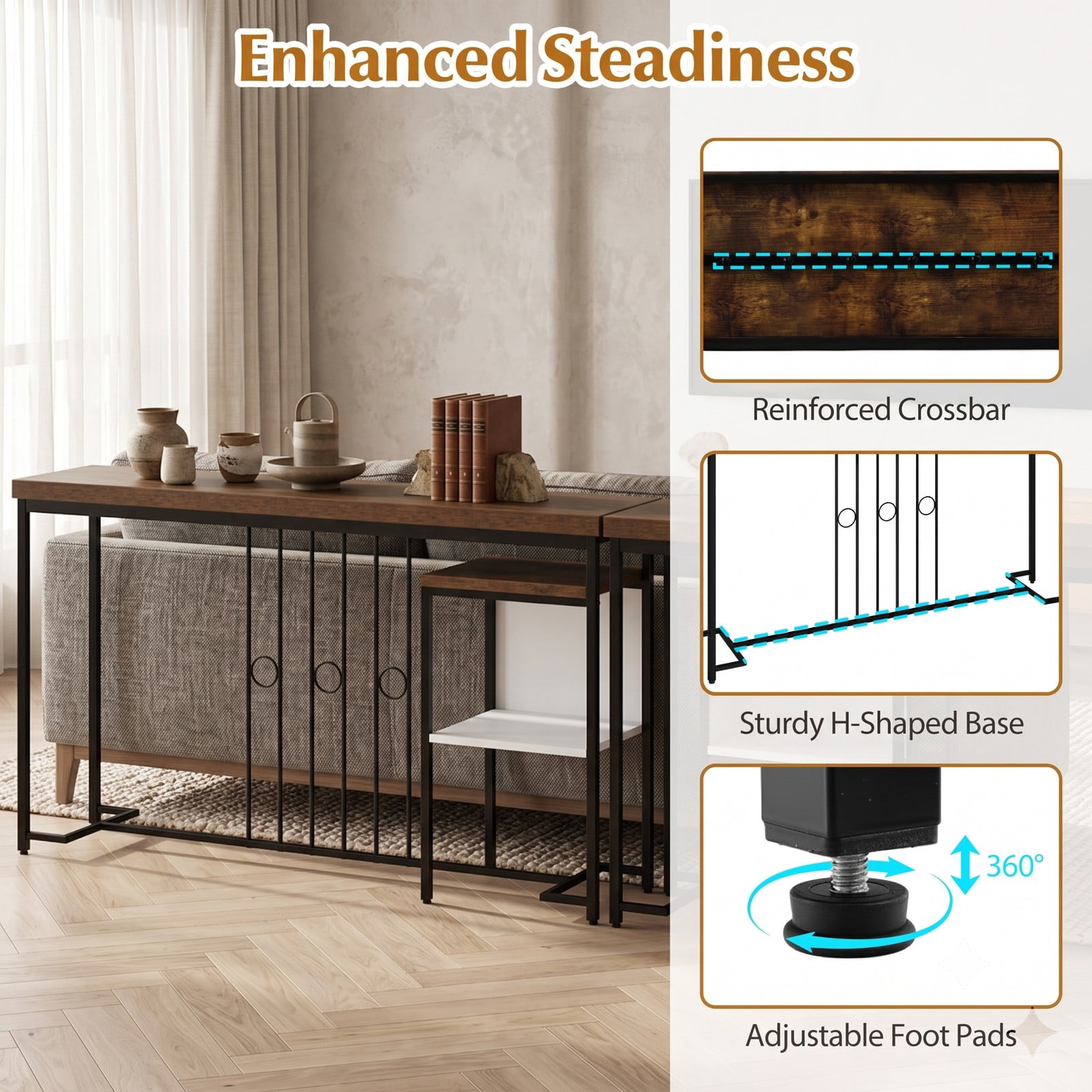 Furnibear 55 Inch Industrial Console Table with Spacious Wood Tabletop and H-Shaped Metal Base for Entryway and Living Room, Brown