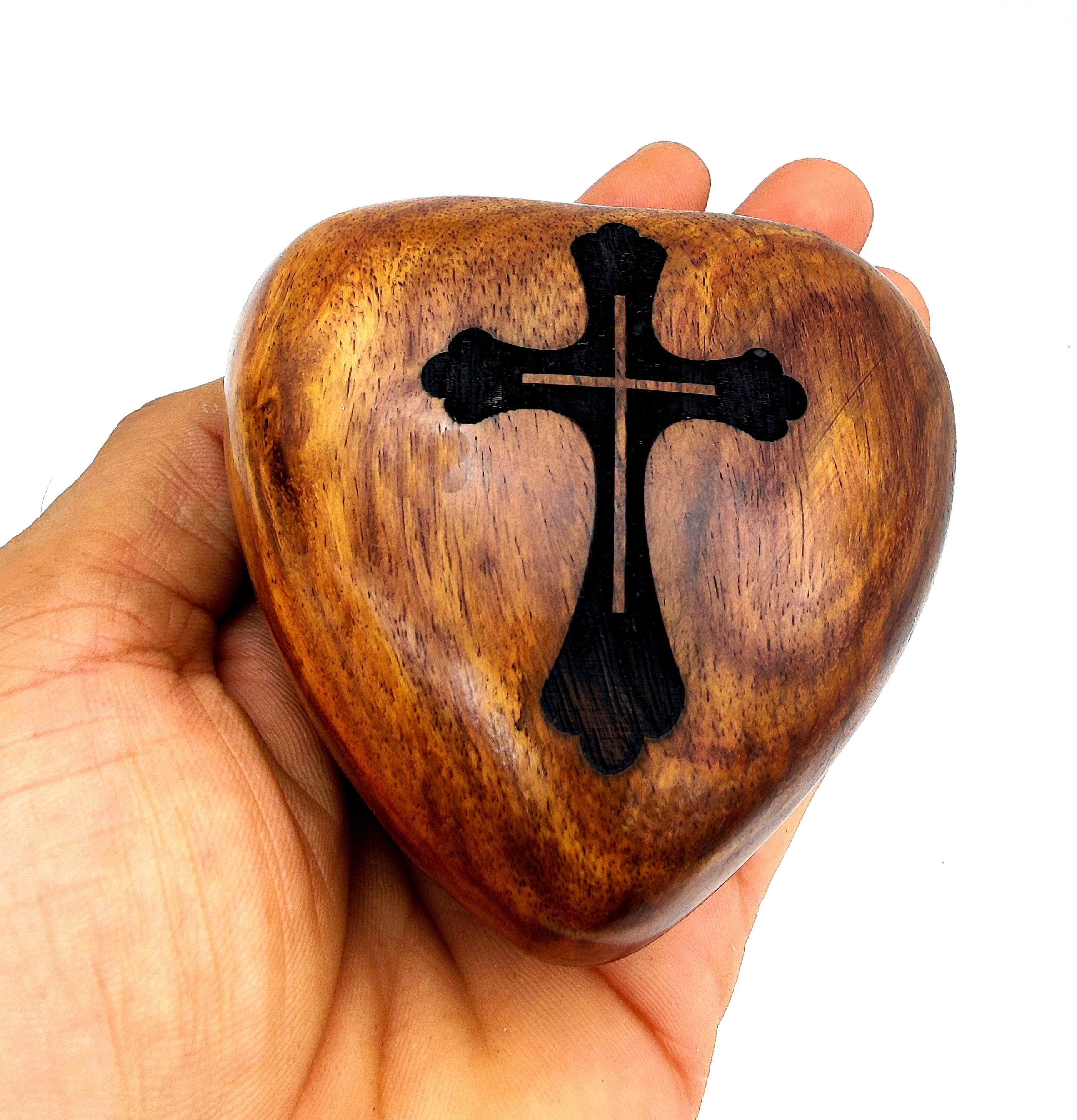 5MOONSUN5 Wooden Heart Urn Keepsake Cremation Urn for Human pet Ashes Handcrafted Urn Heart Shaped - Perfect for Adults & Infants with Brass Stand 3 inch with CROSS Engraving