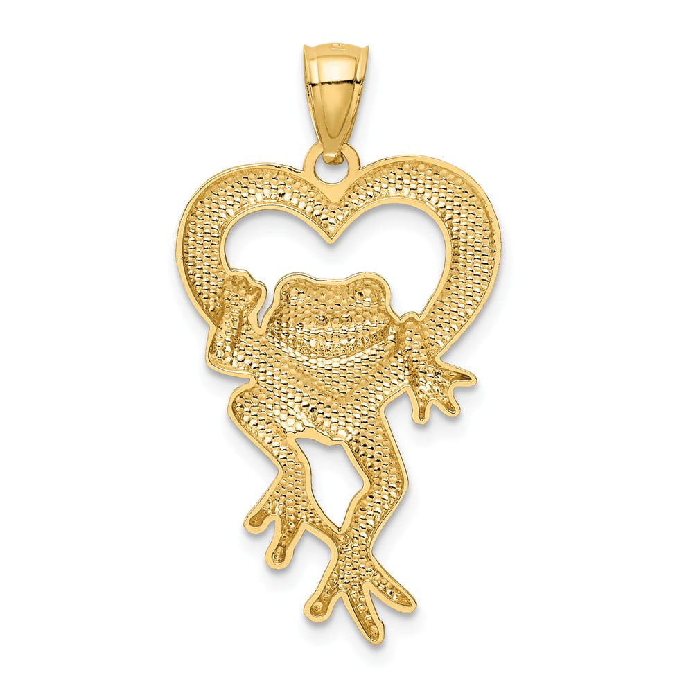 Solid 14k Yellow Gold Two Toned Diamond-Cut Frog in Heart Pendant 