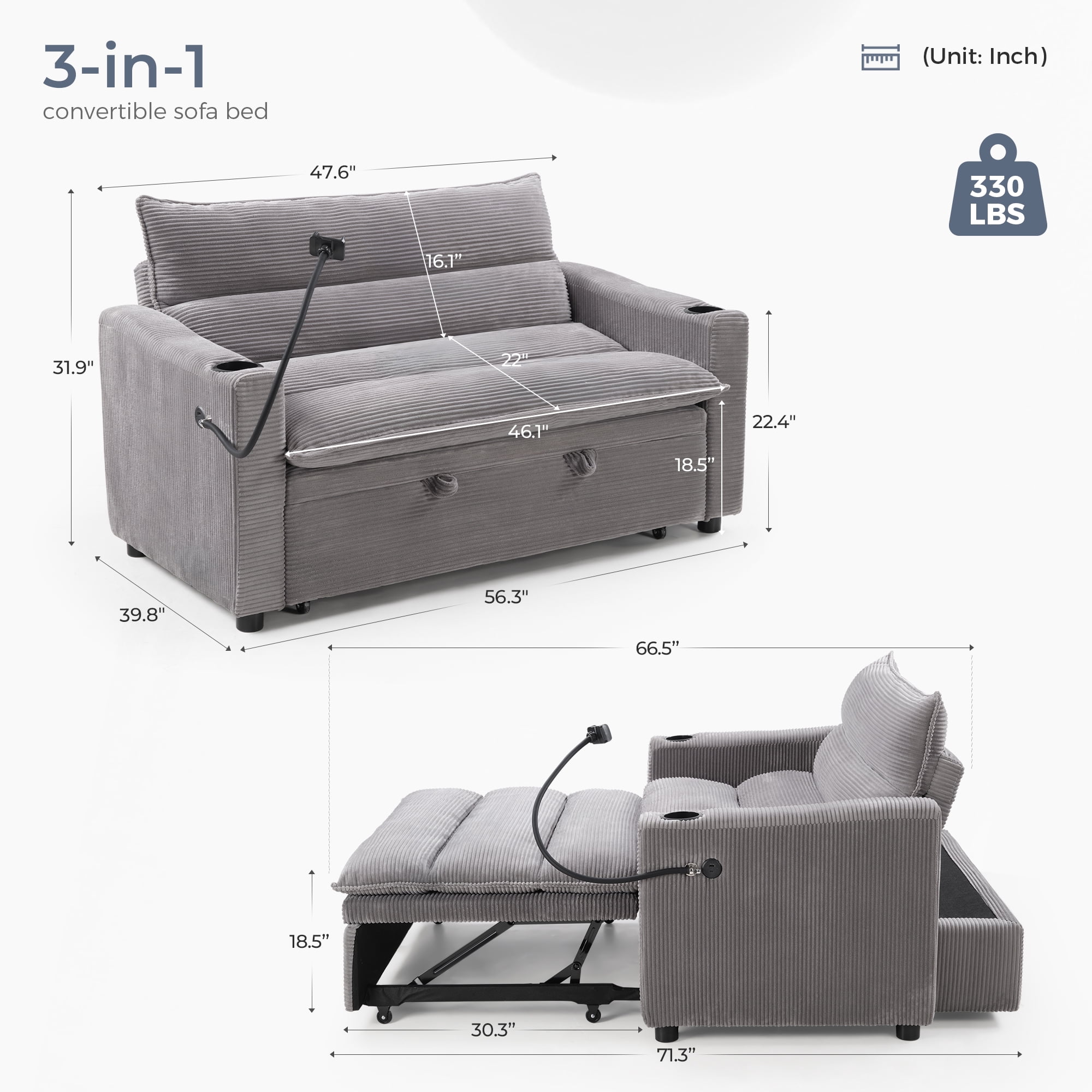 Ebello 3-in-1 Sleeper Sofa Bed, Corduroy Convertible Pullout Futon Couch with Adjustable Backrest, Phone Holders & USB Ports for Apartment, Small Space, 2-Seat(Gray)