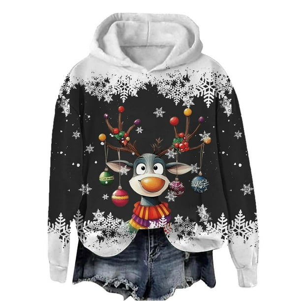 WILLBEST Sudadera Deportiva para Mujer, Estilo Casual, con Estampado Navideño de Ciervos con Cabeza Grande y Copos de Nieve, Cuello Redondo, Manga Larga y Capucha Ligera Chica