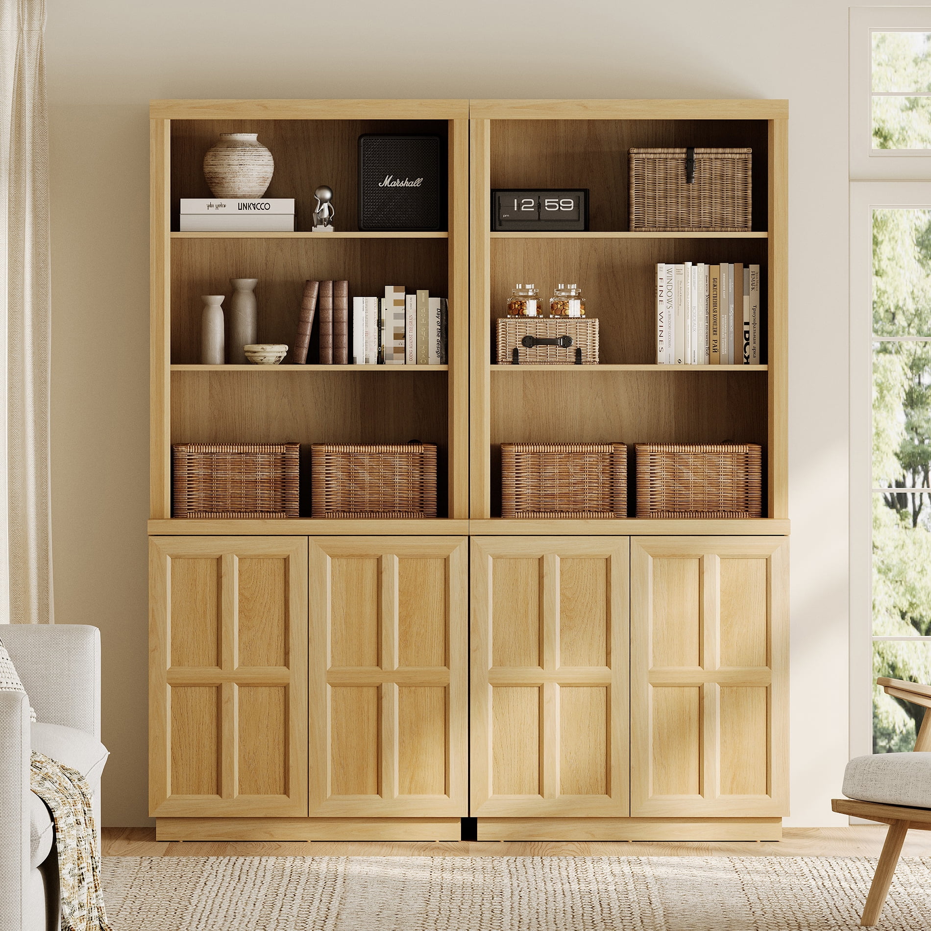 HOMOOI 2-in-1 Freestanding Pantry Cabinet, Boho Rustic Hutch with Open Display Shelves & Adjustable Inner Shelves, Anti-Wobble Wooden Storage Organizer for Kitchen, Dining Room, Entryway,Oak