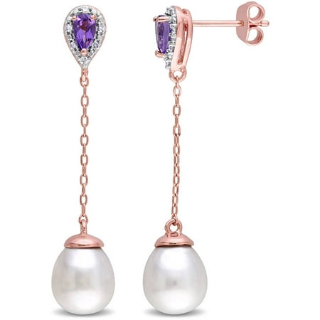Tangelo 8.5-9mm White Cultured Freshwater Pearl and 3/8 Carat T.G.W. Pear-Cut Amethyst with Diamond-Accent Rose Rhodium-Plated Sterling Silver Drop Earrings