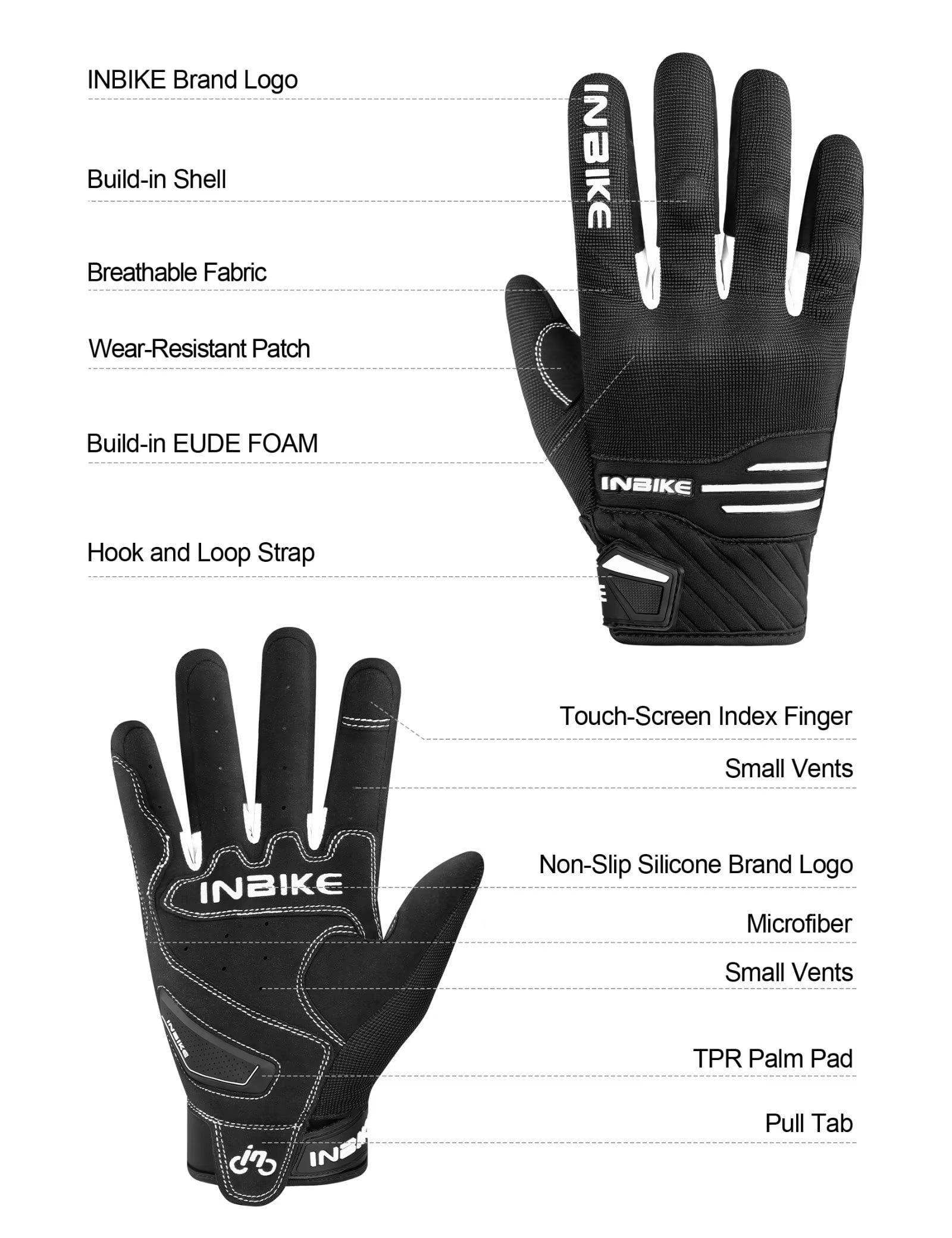 INBIKE Motorcycle Gloves MTB Touchscreen with Thicken Padded & TPR Knuckle Protection Road Bike Gloves White Medium
