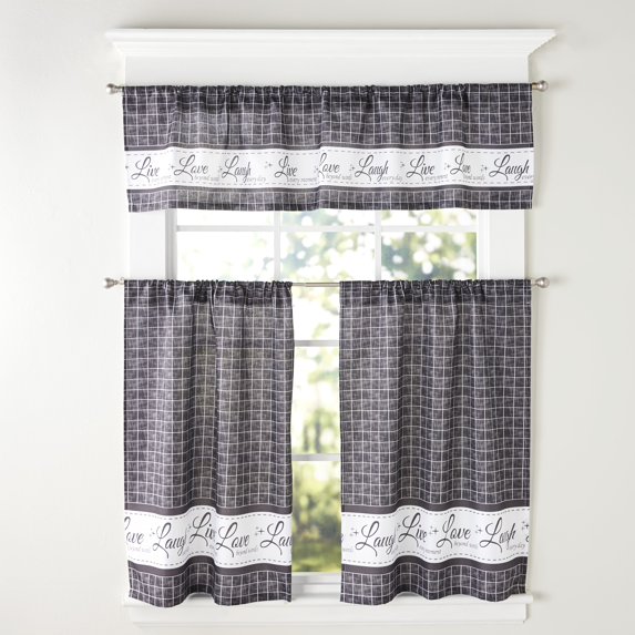 Live Laugh Love Window Tier and Valance Set - 24” - Charcoal - 3 Pieces