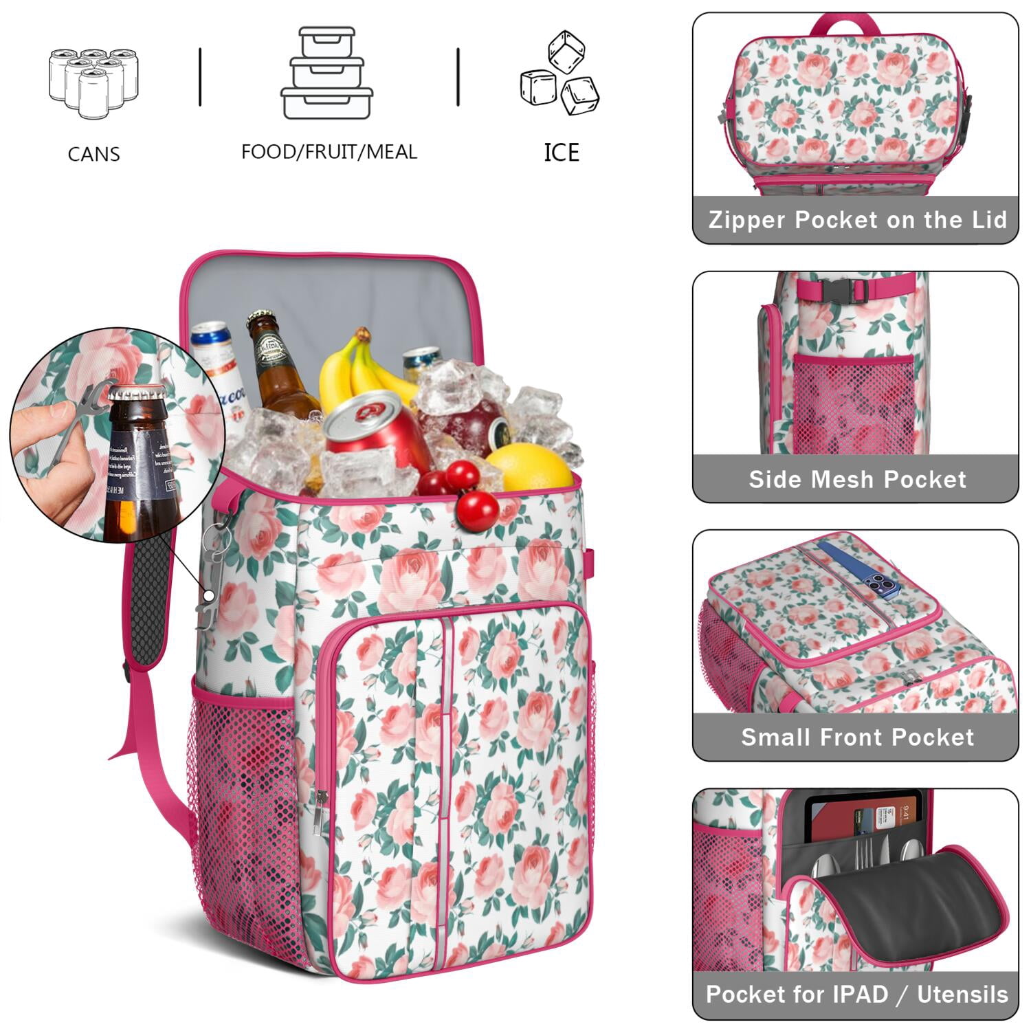 Travel Cooler Bag - Pioneer Flower Floral Print Pattern Camping Beer Cooler Backpack with Bottle Opener- Waterproof Insulated Picnic Backpacks - Cooler Bag for Beach