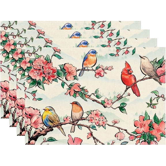Watercolor Flowers Cardinal Birds Spring Placemats Set of 4 Summer Table Mats for Party Home Kitchen Dining Table Decorations 12x18 Inch