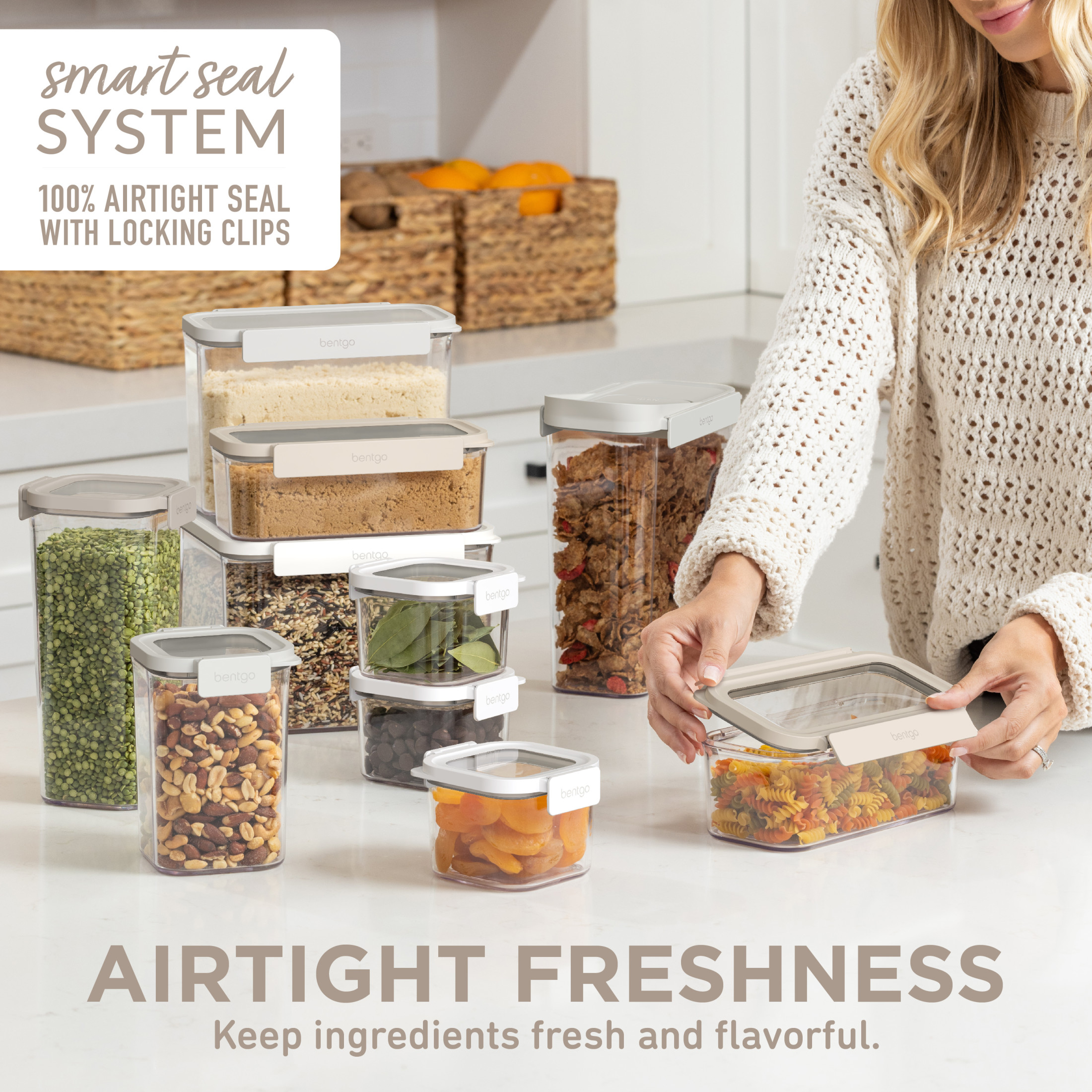 Bentgo Pantry - 22-Piece Airtight Food Storage Containers, Clear and Stackable Kitchen and Pantry Organization Set, Locking Lids for Freshness, Cereal Lid & Scoop, BPA-Free Plastic (White Stone)