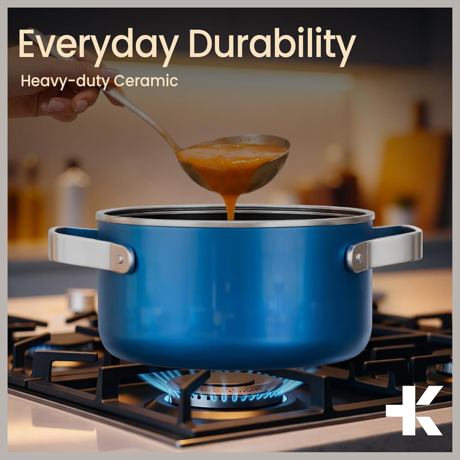 Bakken 3 Quart Ceramic Coated Stock Pot with Glass Lid, Nonstick, Oven Safe to 500°F, Stainless Steel Handles, All Stove Compatible, Blue