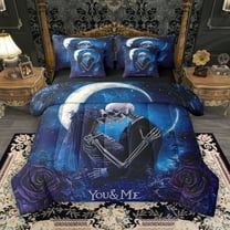 Manfei Romantic Couple Skull 7-Piece Twin Bedding Sets for Lover, Romantic Blue Rose Flower Bedding Comforter Set, Dreamy Glitter Moon Reversible Sheet Sets, Lightweight Room Decor