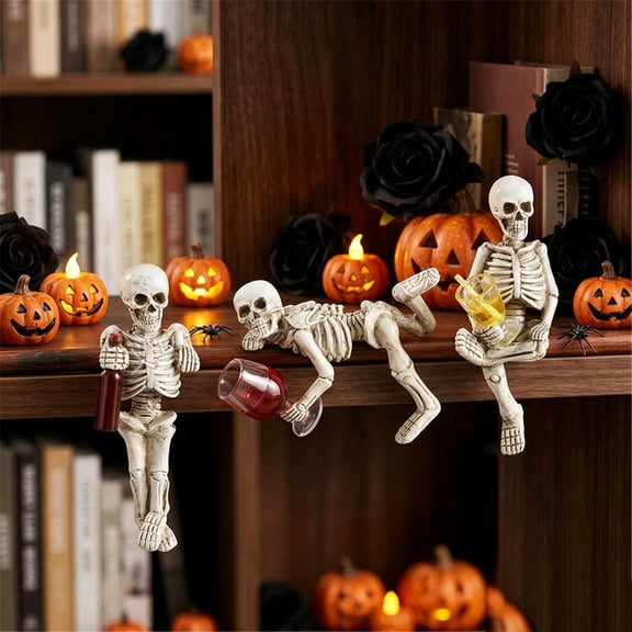 Clearance Sale! Resin Skeleton Figurine Set of 3 with Wine Bottle, Funny Halloween Decor for Mantel Shelf Centerpiece