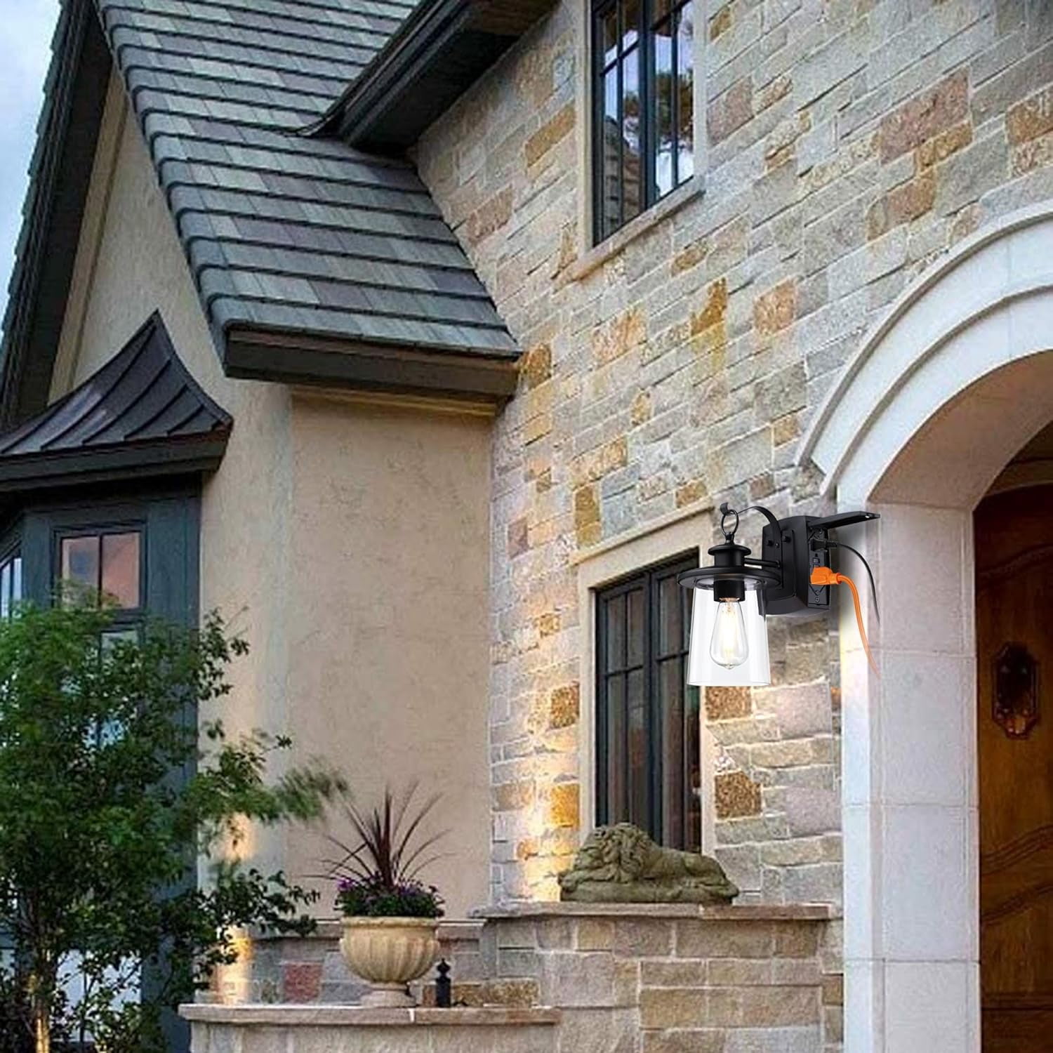 Revtronic Outdoor Wall Light w/ GFCI Outlet, Matte Black Exterior Lighting Fixture for House Patio Garage