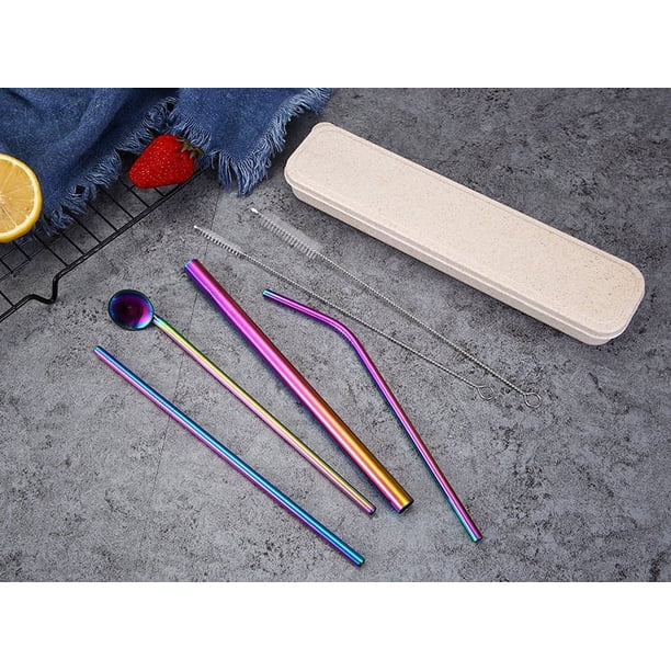 Juego de 7 pajitas reutilizables de acero inoxidable con estuche - Pajitas largas aptas para lavavajillas - 2 cepillos de limpieza incluidos