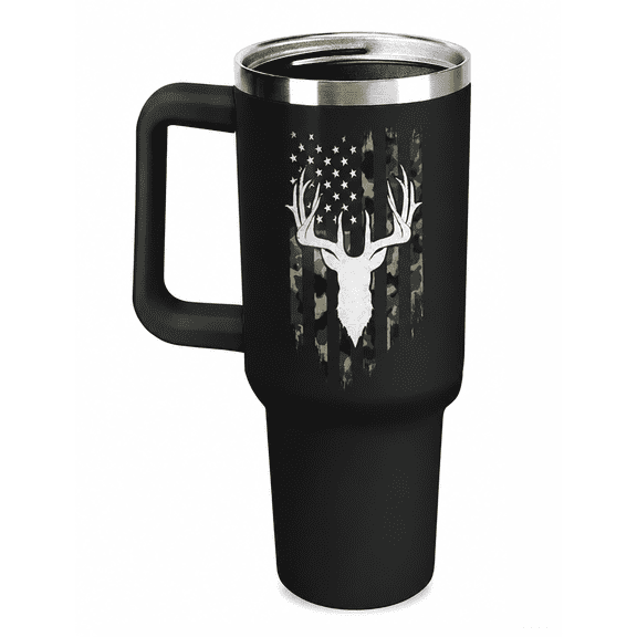 40 oz Camo American Flag Deer Head Tumbler with Handle and Straw, Insulated Stainless Steel Travel Cup for Hunting Gifts