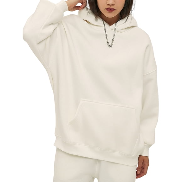 Women'S and Men'S Oversized Thick Long-Sleeved Hooded Pullover Solid Color Sweatshirt White L