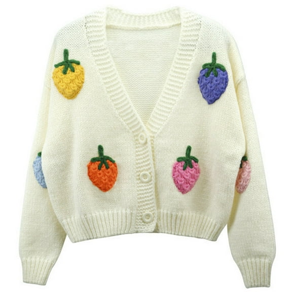 Wang6 Womens Chunky Crop Cardigan Sweaters Fall Winter Long Sleeve Button Knits Trendy Open Front Loose Strawberry Knitted Outwear Coats White One Size