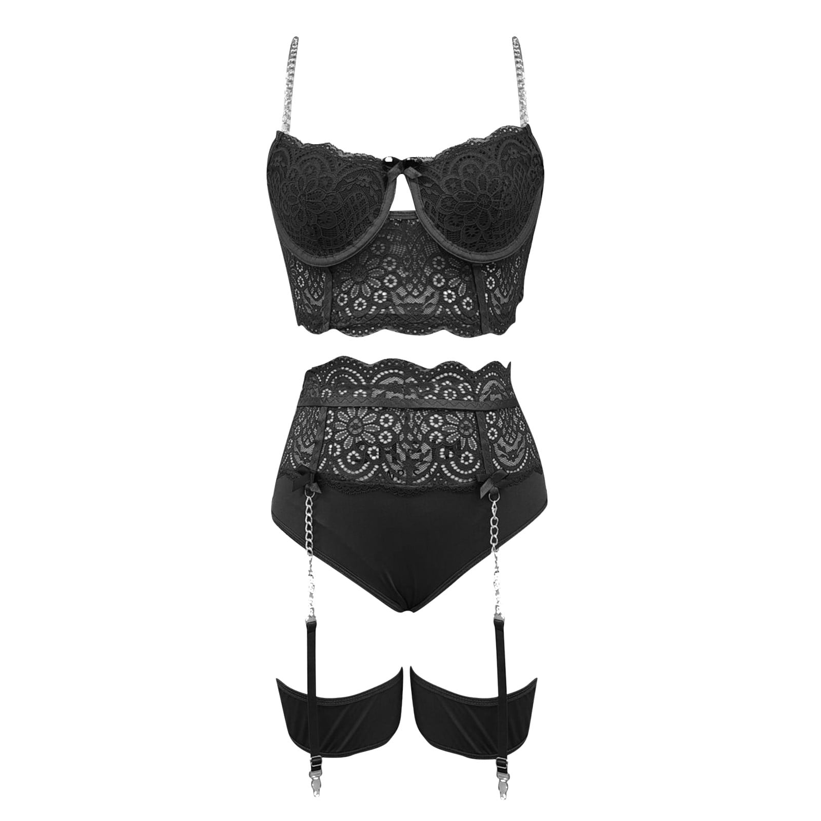 PMUYBHF Women Lingerie Lace Crochet Cutout Embroidery Bra and High Waist  Panty Set Push Up Sets Athartle Bodysuit Lingerie for Women with Stockings