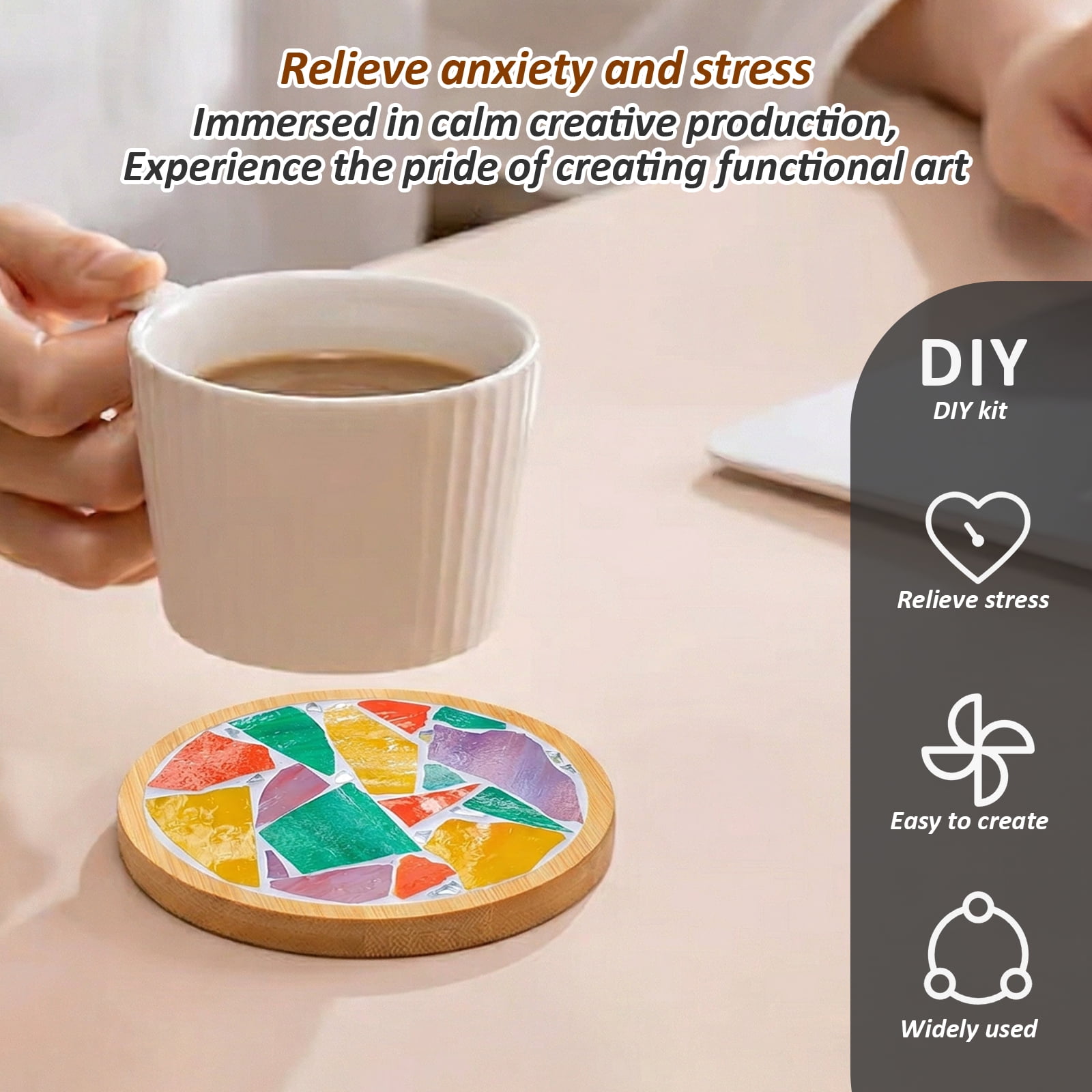 Xdziklosj 4 Pcs DIY Mosaic Kit for Adult Glass Tile for Craft with Bamboo Cup Pad for Women Mixed Color Mosaic Art Craft Cup Mat Project Handmade Making Kit Set for Home Decor Present