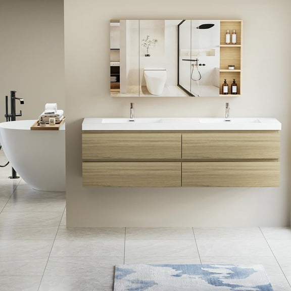 Spaco 72" Floating Bathroom Vanity with Sink, Modern Wall-Mounted Bathroom Storage Vanity Cabinet with Two Resin Top Basin and Four Soft Close Drawers, Natural Oak