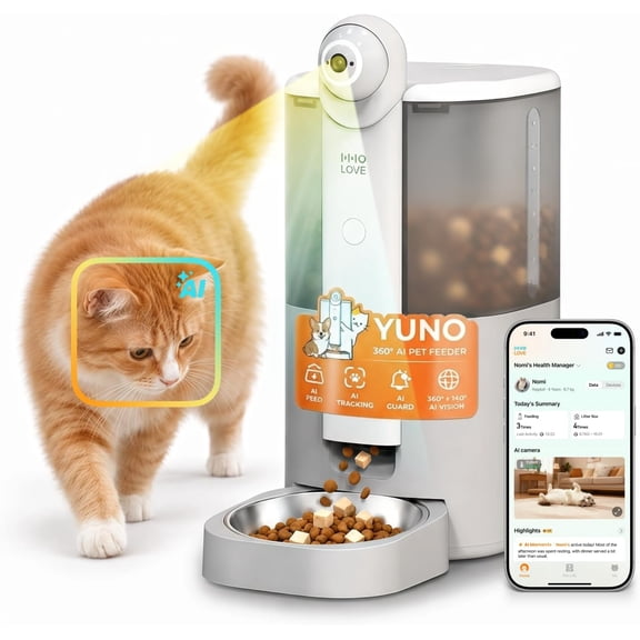 HHOLOVE Yuno AI Smart Automatic Cat Feeder with 2K 360° Camera Auto-Track, AI Health Insights, Two-Way Audio, Night Vision Camera, 2.4G&5G WiFi, Small Dog Feeder, 5L