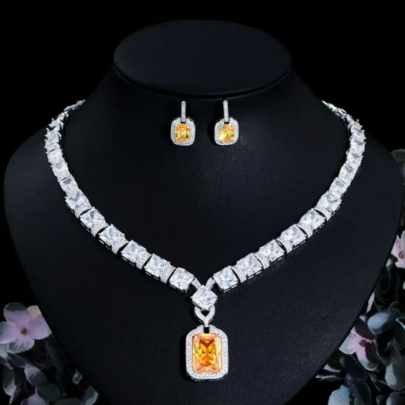 Silver Plated Yellow CZ Square Necklace Earrings Set for Women Costume Jewelry
