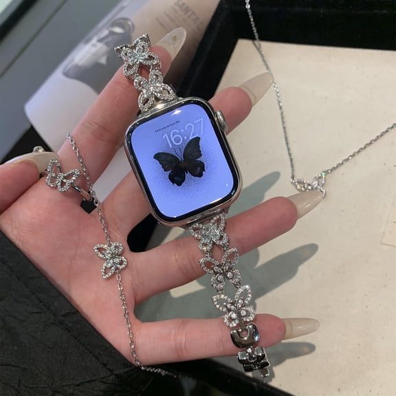 Butterfly Bracelet Compatible with Apple Watch Bands 49mm/45mm/44mm/42mm Slim Bling Jewelry Metal Strap, Shiny Diamond Wristband Replacement for iWatch Series 8/7/SE/6/5/4/3/2/1,Silver