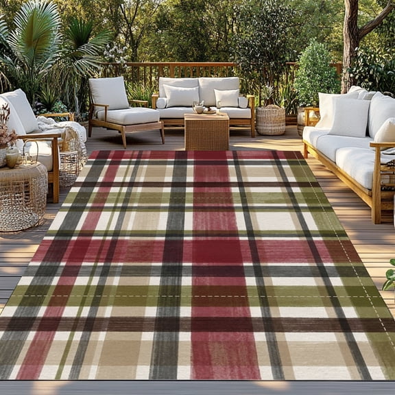 Scottish Tartan Plaid Indoor Outdoor Rugs 4x6 Ft, Green Gingham Plaid Vintage Red Geometric Grid Outdoor Patio Rugs Mat Washable Outside Area Rugs Carpet for Porch Deck RV Camping Pool Balcony