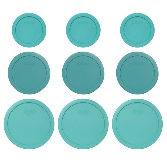 Pyrex (3) 7200-PC 2-Cup, (3) 7201-PC 4-Cup, and (3) 7402-PC 6/7-Cup Turquoise Lids