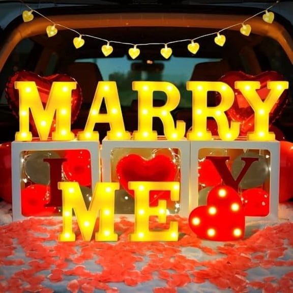 Marry Me Light Up Letters Sign Proposal Decorations Will You Marry Me Sign with Red Fake Rose Petals for Valentine's Day Wedding Engagement Romantic Night Anniversary Banquet Props (Yellow Light, Red)