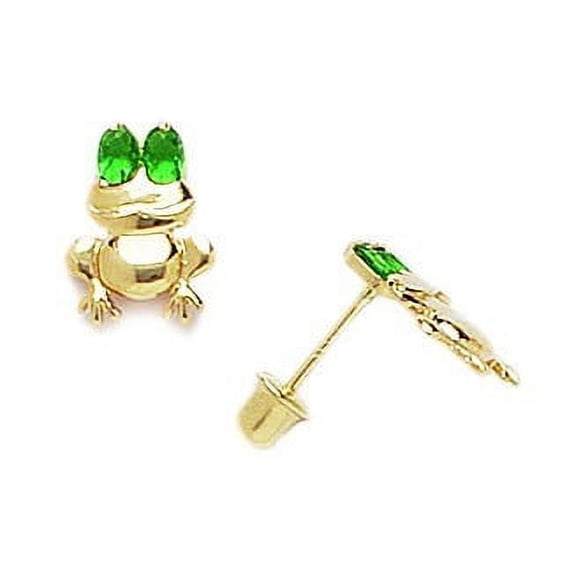 14k Yellow Gold Green Cubic Zirconia Frog Shaped Screw-Back Earrings - Measures 10x7mm