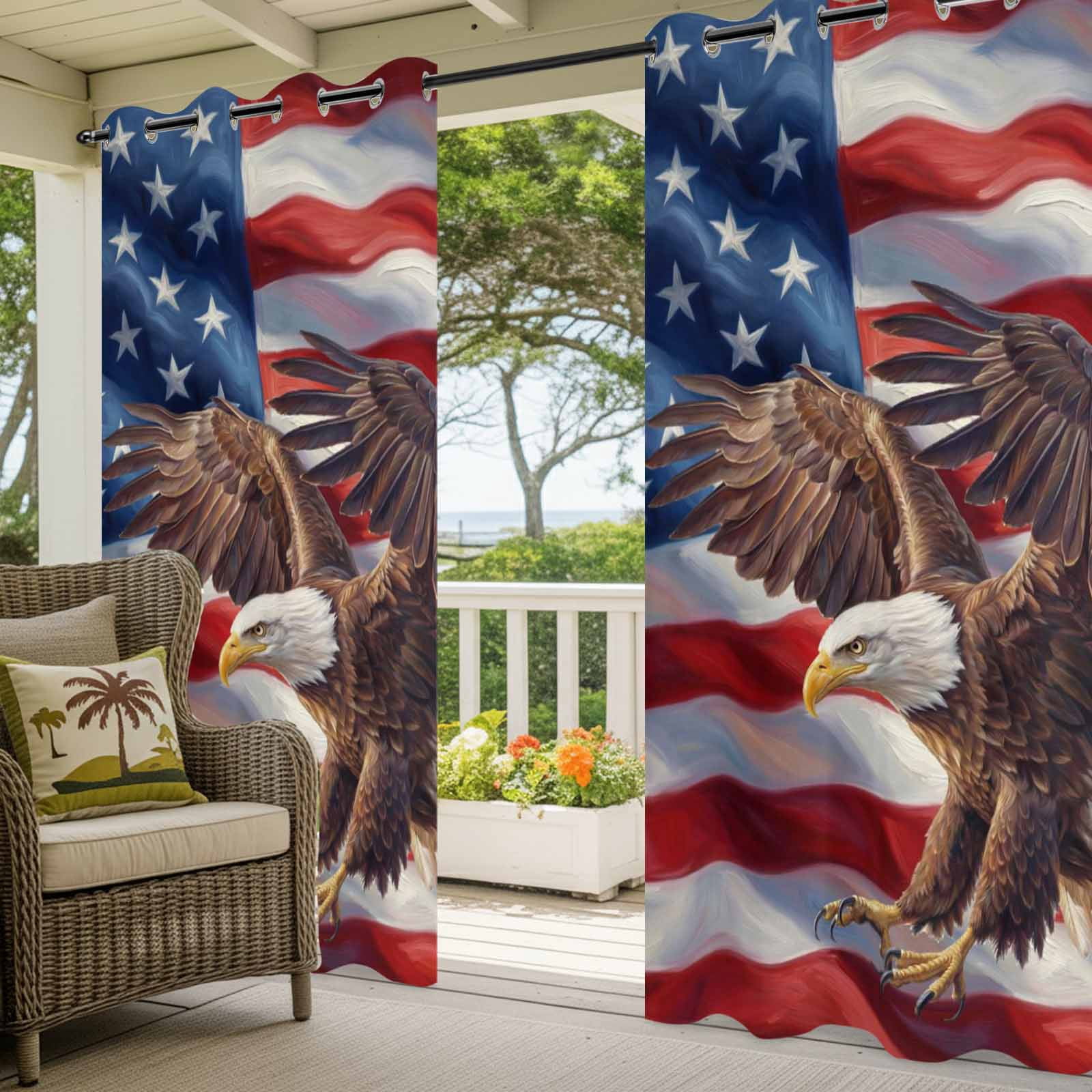 Independence Day Outdoor Curtains for Patio, Watercolor U. S. Flag Soaring Bald Eagle Sunshade Privacy Drapes Grommet Waterproof Outside Curtains for Porch/Cabana/Balcony 54"x 108", 1 Panel