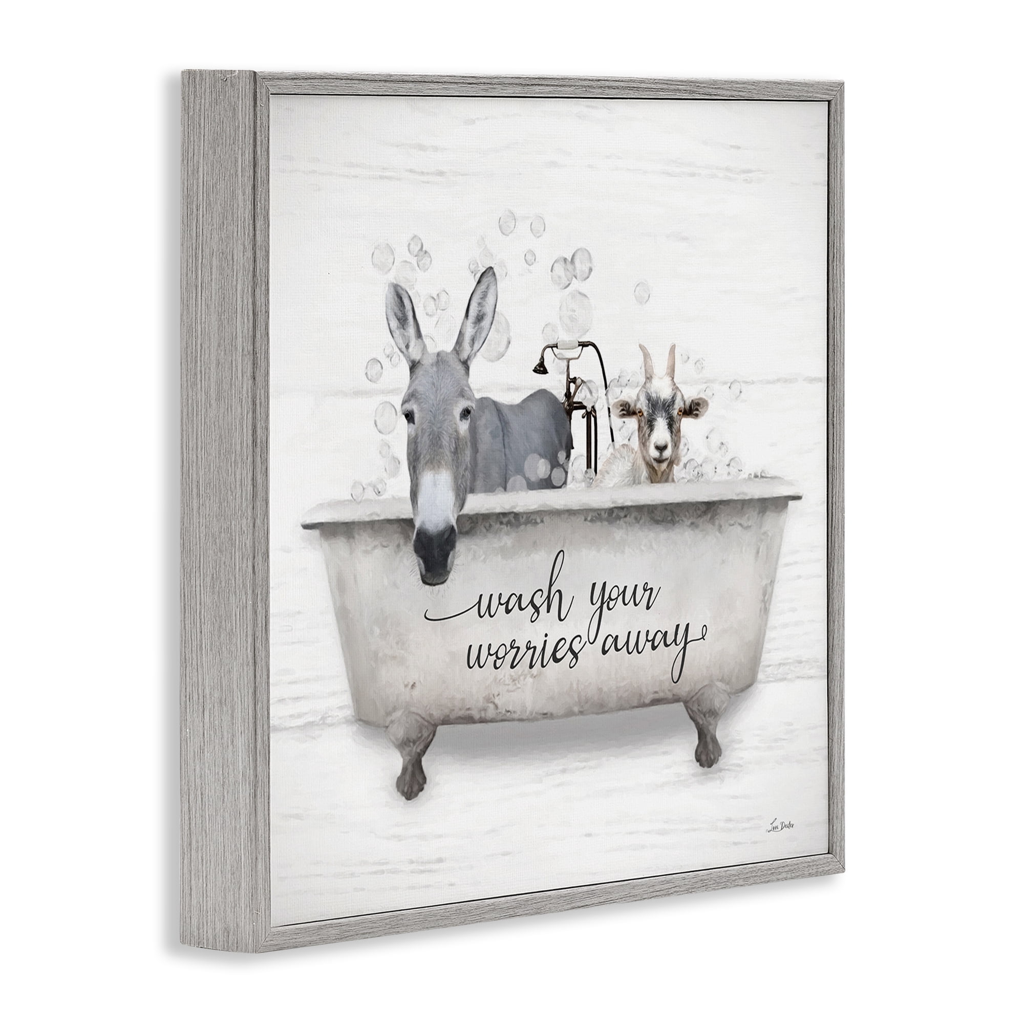 Stupell Industries Wash Worries Away Tub Typography Painting Gray Framed Art Print Wall Art, 12 x 12