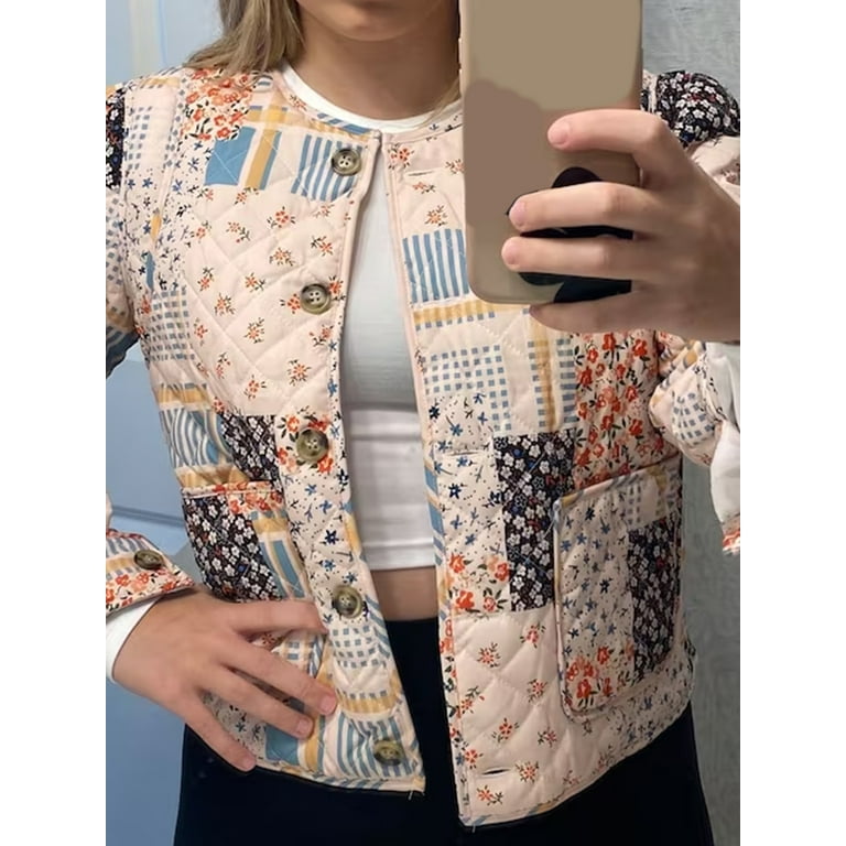 Shunvnny Women Open Front Puffer Jacket Retro Floral Print Shunvnny Women Open Front Puffer Jacket Retro Floral Print