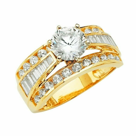 6 Prong Round Ring Setting - Solid 14k Yellow Gold 6 Prong CZ Cubic Zirconia Round Cut Wedding Engagement Ring With Baquette Setting (1.25 ct.)