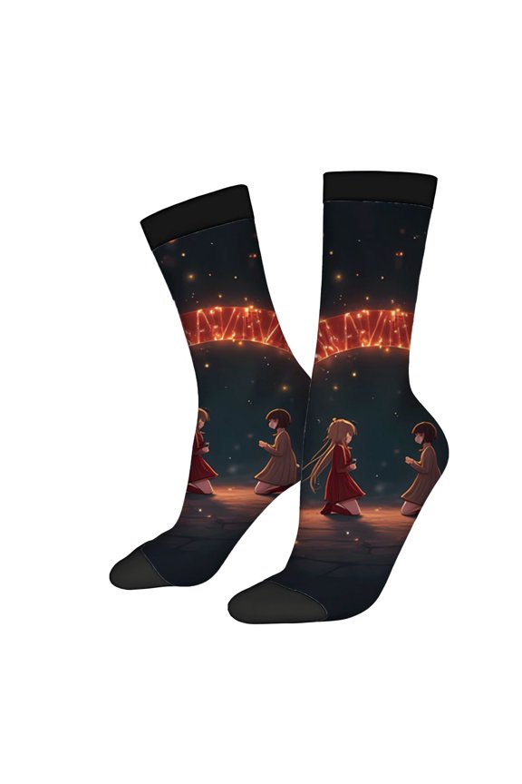 Four Seasons Universal Socks - 2 Pairs of Unisex Trendy Socks with Vibrant Nighttime Scene & Animated Characters Under a Glowing Archway