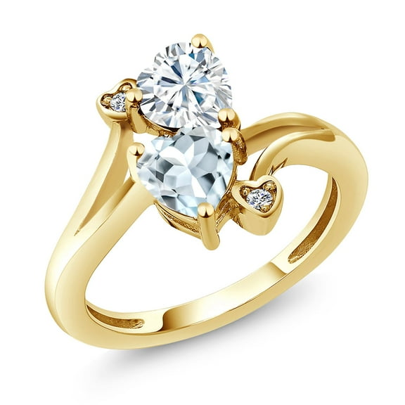 Gem Stone King 18K Yellow Gold Plated Silver White Moissanite Sky Blue Aquamarine and White Lab Grown Diamond Ring for Women (1.56 Cttw, Heart Shape 6MM, Gemstone Birthstone, Size 7)