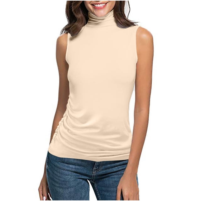Kyusrd Camisoles d'Été pour Femmes Mode Décontractée pour Femmes Couleur Unie Sans Manches Col Roulé T-Shirt Blouse T-Shirt