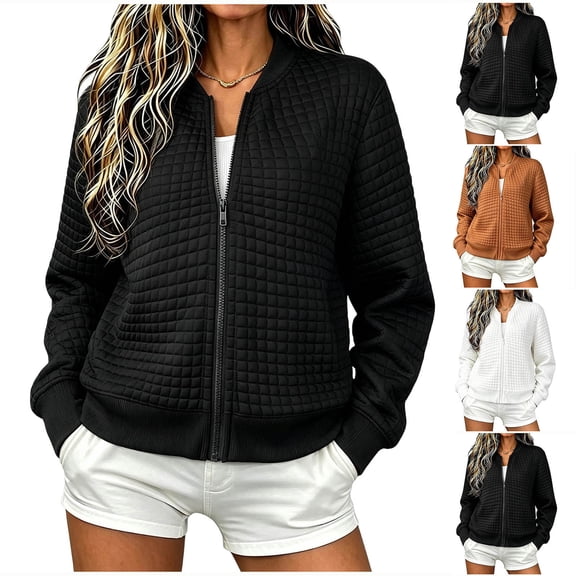 MexChoioe Womens Quilted Bomber Jacket Ribbed Cuff Zip Up Long Sleeve Solid Casual Outer Coat With Hand Pockets for Womens