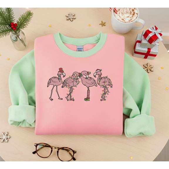 Embroidered Christmas Flamingo Sweatshirt, Flamingo Xmas Lights Sweater, Funny Christmas Animal Sweater, Flamingo Merry Christmas Shirt