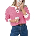 thumbnail image 5 of Long Sleeve Women Color Block Lapel V-neck Knit Sweater Pullovers, 5 of 6