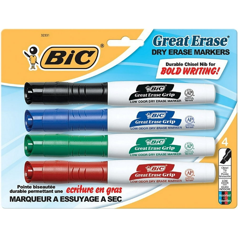 Bic Great Eraser Chisel Tip Dry Erase Marker, Assorted Colors 4 ea (Pack of 4)