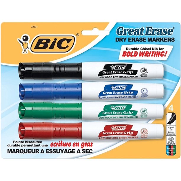 Bic Great Eraser Chisel Tip Dry Erase Marker, Assorted Colors 4 ea
