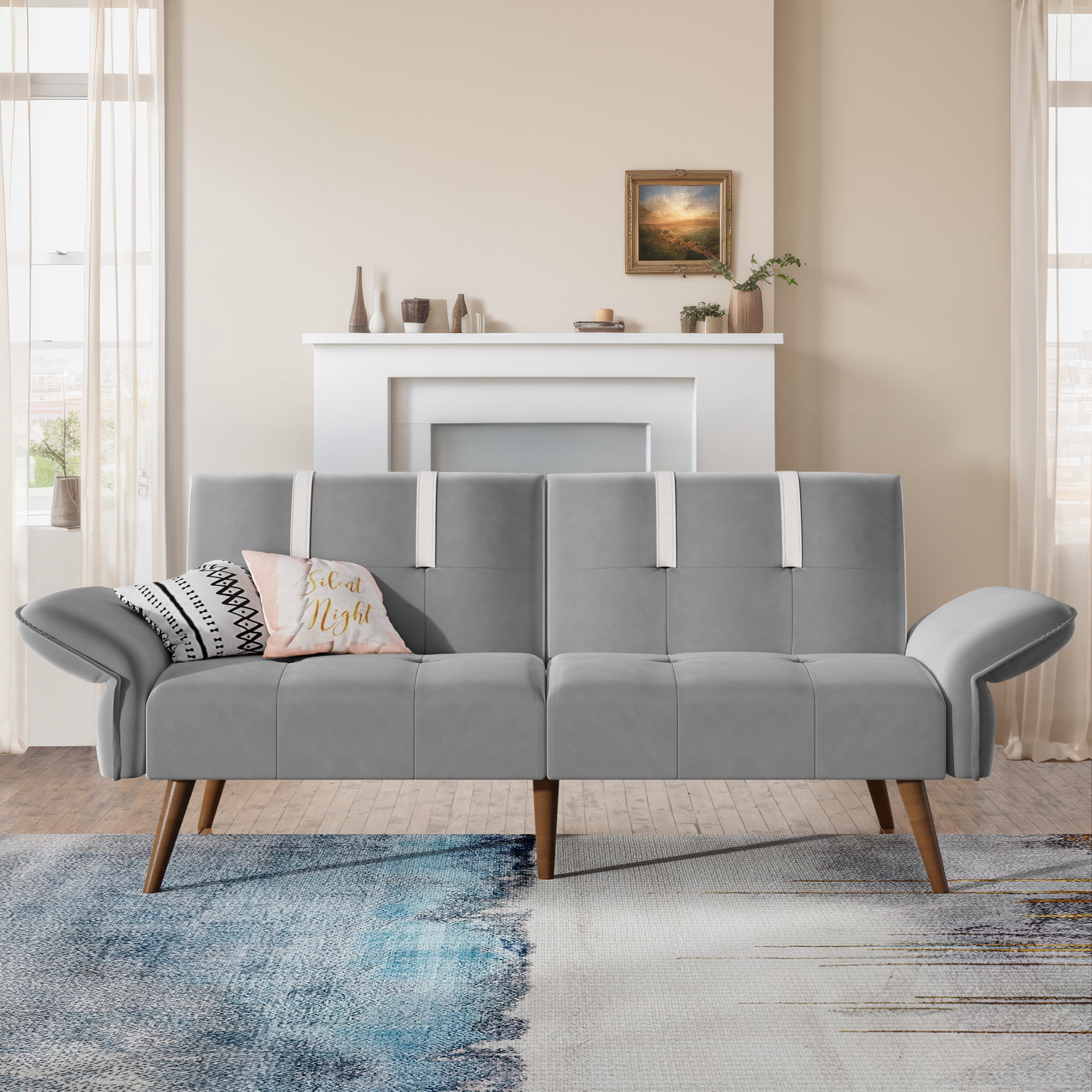 Walsunny 79" Velvet Futon Couch Sofa Bed, Folding Sleeper Loveseat with Adjustable Armrests Backrest Light Grey