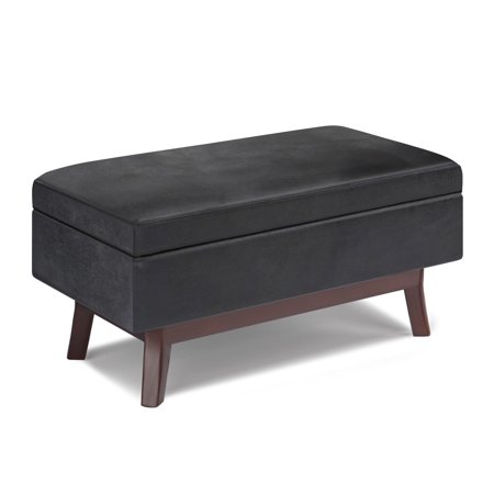 Simpli Home Owen 36 Wide Mid Century Modern Rectangle Small Rectangular Storage Ottoman In Distressed Black Faux Leather
